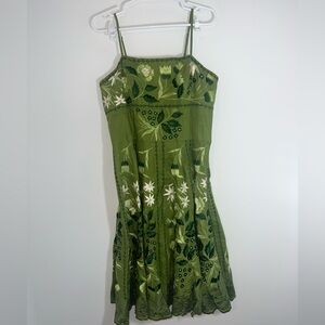 SUE WUNG vintage Green Floral Embroidered Dress 100% linen size 14